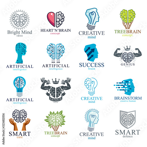 Brain and intelligence vector icons or logos concepts set. Artificial Intelligence, Bright Mind, Brain Training, Feelings soul versus Rational thinking, Creativeness, Brainstorming, Mental Health.