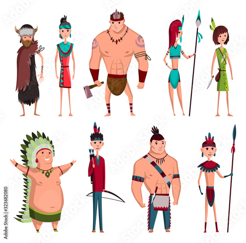 Native American Tribe Members In Traditional Indian Clothing With Weapons And Other Cultural Objects Set Of Cartoon Characters. Vector illustration