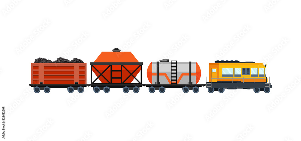 Fototapeta premium Freight train cargo cars with Container and box freight train. Rolling stock transport illustration set. Logistics heavy railway transport design elements. Flat style vector illustration