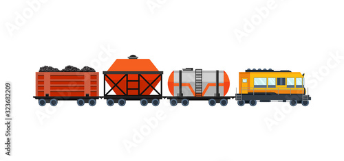 Freight train cargo cars with Container and box freight train. Rolling stock transport illustration set. Logistics heavy railway transport design elements. Flat style vector illustration