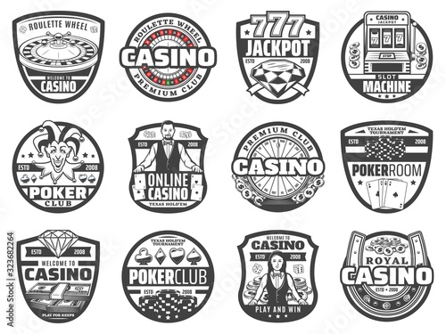 Casino and poker club vector badges of gambling games design. Casino roulette wheels, chips and dice, play cards, slot machine and jackpot 777, money, horseshoe and croupier, joker and diamond symbols