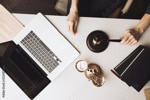 Judje stuff on the desk. Lawyer concept photo