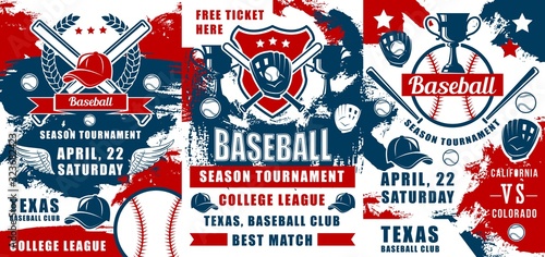 Baseball sport tournament trophy cups, balls and bats, catcher gloves and pitcher uniform caps vector banners. College league match invitations, sporting competition themes