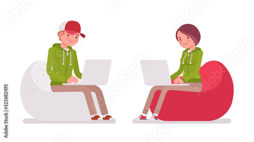Young man, woman sitting in a bean bag working with laptop, wearing hoodie jacket. Cute smart people in casual green hoody, youth city fashion hooded sweatshirt. Vector flat style cartoon illustration