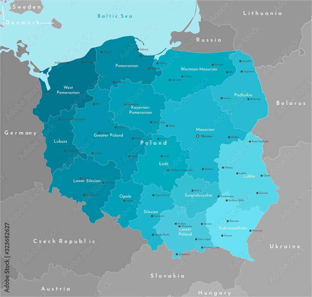 Vector modern illustration. Simplified geographical map of Poland (in blue colors) and 
