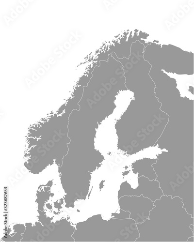 Vector isolated illustration of simplified political map of some scandinavian countries (Sweden, Finland, Norway, Denmark) and nearest areas. Borders of the states. Grey silhouettes. White outline photo