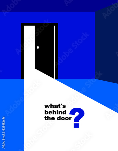 Half open secret door new opportunities concept vector illustration, fear of the unknown, step inside the future, what is behind, what is there.