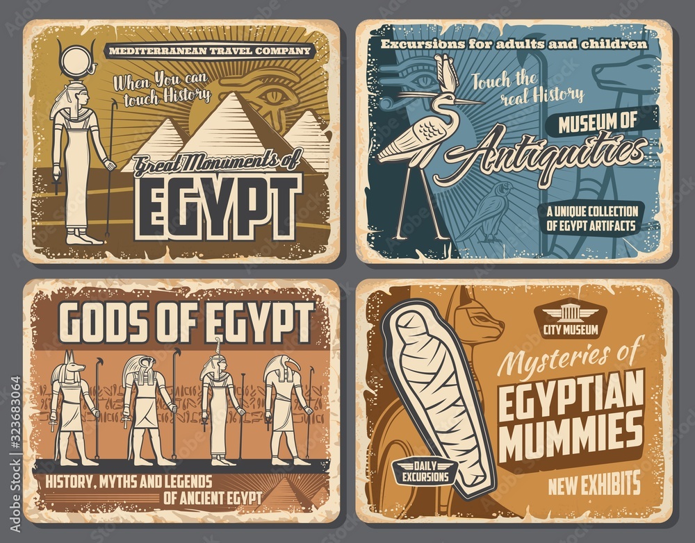 Ancient Egyptian pharaoh pyramids, mummies and gods retro posters of