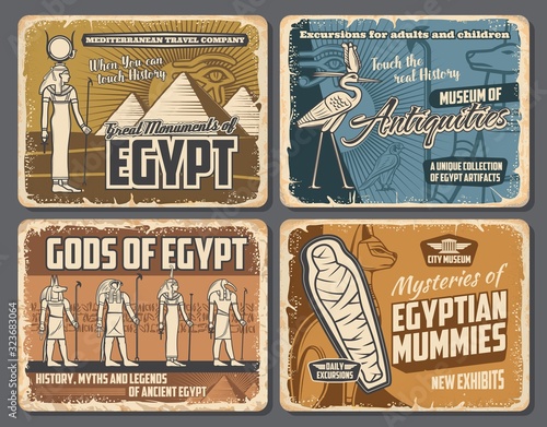 Ancient Egyptian pharaoh pyramids, mummies and gods retro posters of Egypt travel vector design. Anubis with Ankh symbol and eye of Horus, Hathor, Seth and Thoth, cat, heron and hieroglyphs