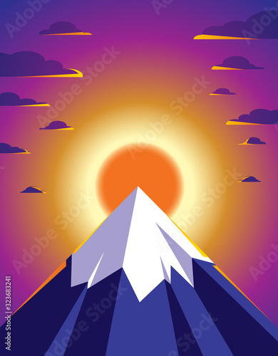Beautiful mountain landscape with setting sun in the evening  sundown over peak scenic nature vector illustration  tranquil calm image for relaxing.