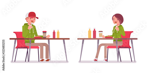 Young man, woman eating lunch at table in cafe or canteen, wearing hoodie jacket. Cute smart people in casual green hoody, youth city fashion hooded sweatshirt. Vector flat style cartoon illustration