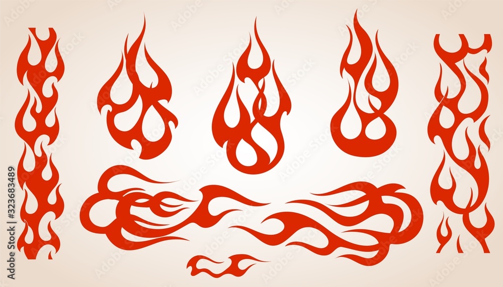 Red flame elements set, vector illustration