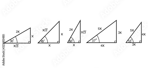 Trigonometric formulas such as sin, cos, tan, cosec, sec, and cot on the white background.A right triangle with an angle of 30,45,60,53,37 degrees.