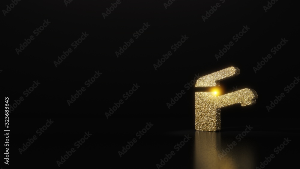science glitter gold glitter symbol of tap 3D rendering on dark black background with blurred reflection with sparkles science glitter gold glitter symbol of tap 3D rendering on dark black background with blurred reflection with sparkles