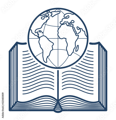 Open book with earth planet vector linear icon, geography or travel literature line art symbol or logo.