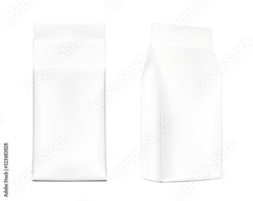 Realistic food bags isolated on white background. Isometric and front view. Vector illustration. Can be use for template your design, presentation, promo, ad. EPS 10.	