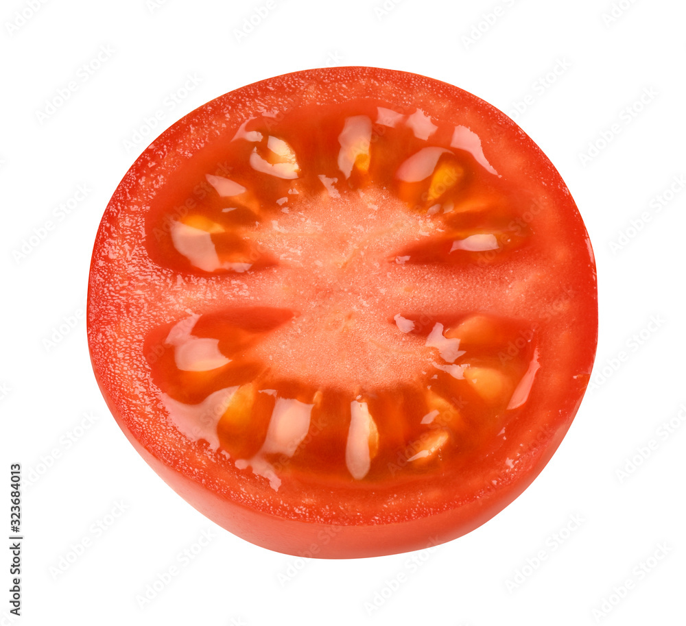 Frische Tomatenscheibe vor weißem Hintergrund Frische Tomatenscheibe vor weißem Hintergrund