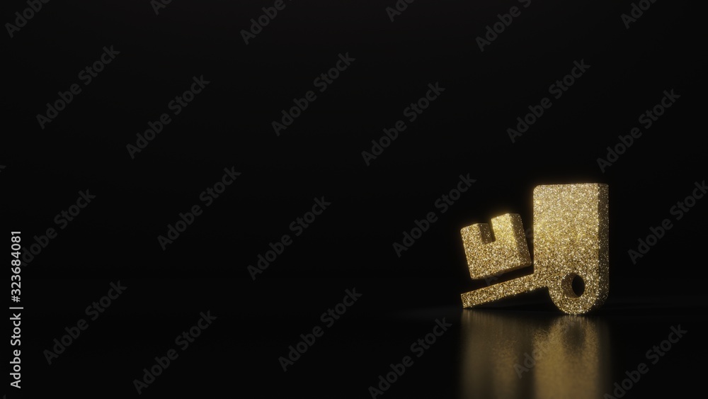 science glitter gold glitter symbol of truck loading 3D rendering on dark black background with blurred reflection with sparkles science glitter gold glitter symbol of truck loading 3D rendering on dark black background with blurred reflection with sparkles