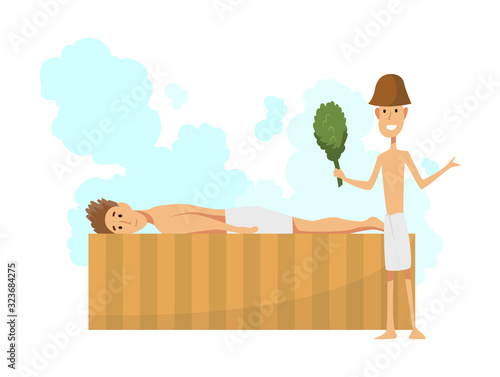 Young man lying on a sunbed. Bathhouse or banya procedure filled with steam. Vector flat people. Activity for wellness and recreation. People Enjoying Sauna Procedures