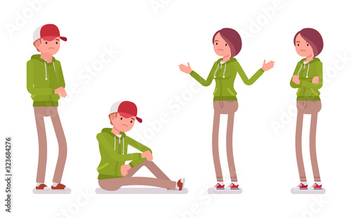 Young unhappy man and sad woman wearing a hoodie jacket in negative emotions. Cute smart people in casual green hoody, youth city fashion hooded sweatshirt. Vector flat style cartoon illustration