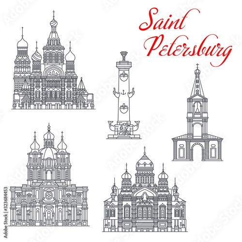 Saint Petersburg and Russia travel landmark vector icons. Church of Savior on Spilled Blood, Smolny Cathedral and Church of Assumption of Blessed Mary, Rostral Columns, Bell Tower of Anna Church