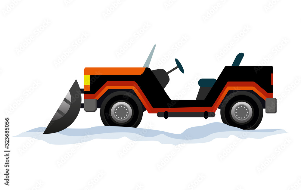 Equipment cleans the road from the snow. Road works. Snow plow equipment isolated on white background. Snow plow mini tractor, snowblower transportation