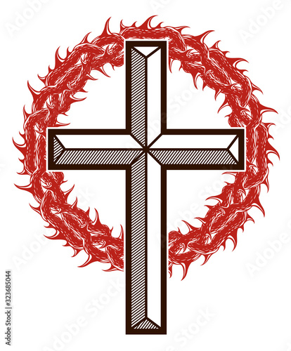 Christian cross with blackthorn thorn vector religion logo or tattoo, passion of the Christ.