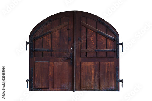 Retro brown wooden entrance gates on white background