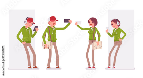 Young man, woman taking self portraits, listening in headphones, wearing hoodie jacket. Cute smart people in casual green hoody, youth fashion hooded sweatshirt. Vector flat style cartoon illustration