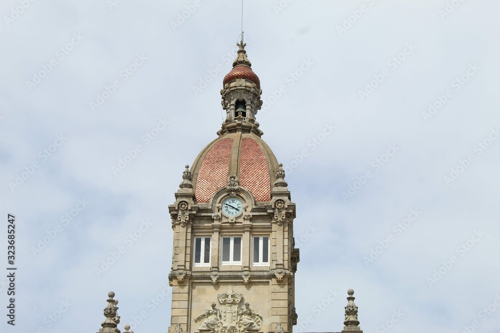 Facade of thetower of  town hall of La Coruña in the Plaza de Maria pita