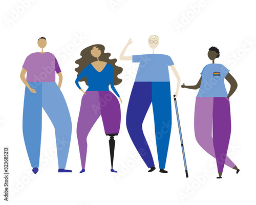 An blind-eyed albino with glasses and a white cane and a woman with a prosthetic leg as a concept of disability inclusion, a flat vector stock illustration with friends, society or people and inclusiv
