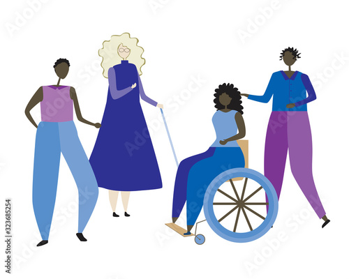 An a woman in a wheelchair and a blind albino with a white cane as a concept of disability inclusion, a flat vector stock illustration with friends, African American society or people isolated on a wh