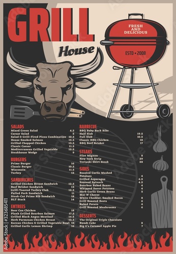 Grill house or barbecue restaurant menu vector template of bbq meat food. Vintage charcoal grill with barbeque chef fork and spatula, fire flame, cutting board and cow head, garlic and onion