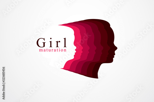Girl growing to adult age years concept illustration, from child to teen and woman, period and cycle of life, getting old, maturation and aging. Vector simple classic icon or logo design.