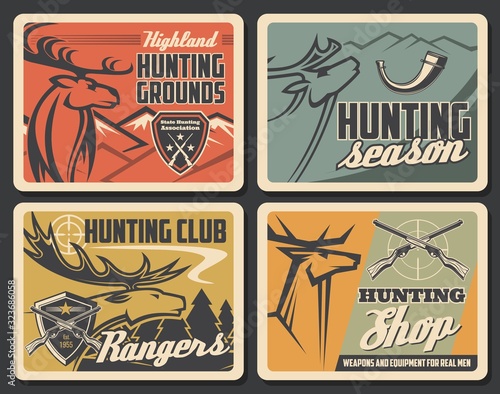 Deer with hunter gun and target vector design of hunting sport. Heads of reindeer, moose or elk forest animal with antlers, crossed rifles, mountains and trees, hunter weapon and equipment shop poster