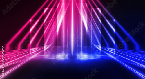 Background of empty stage show. Neon blue and purple light and laser show. Laser futuristic shapes on a dark background. Abstract dark background with neon glow