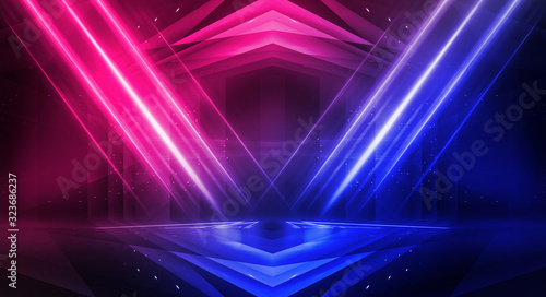 Background of empty stage show. Neon blue and purple light and laser show. Laser futuristic shapes on a dark background. Abstract dark background with neon glow