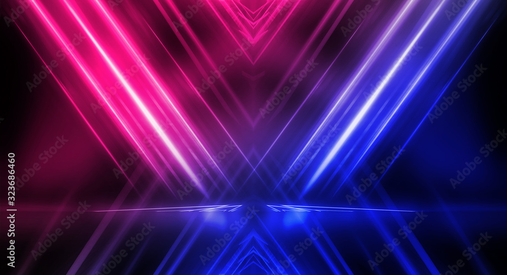 Fototapeta premium Background of empty stage show. Neon blue and purple light and laser show. Laser futuristic shapes on a dark background. Abstract dark background with neon glow