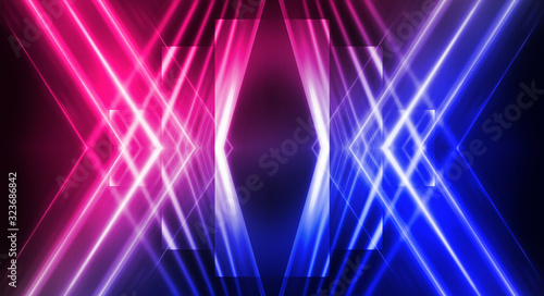 Background of empty stage show. Neon blue and purple light and laser show. Laser futuristic shapes on a dark background. Abstract dark background with neon glow