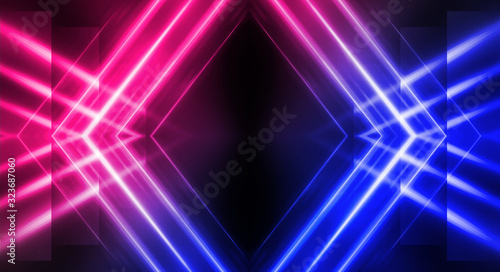 Background of empty stage show. Neon blue and purple light and laser show. Laser futuristic shapes on a dark background. Abstract dark background with neon glow