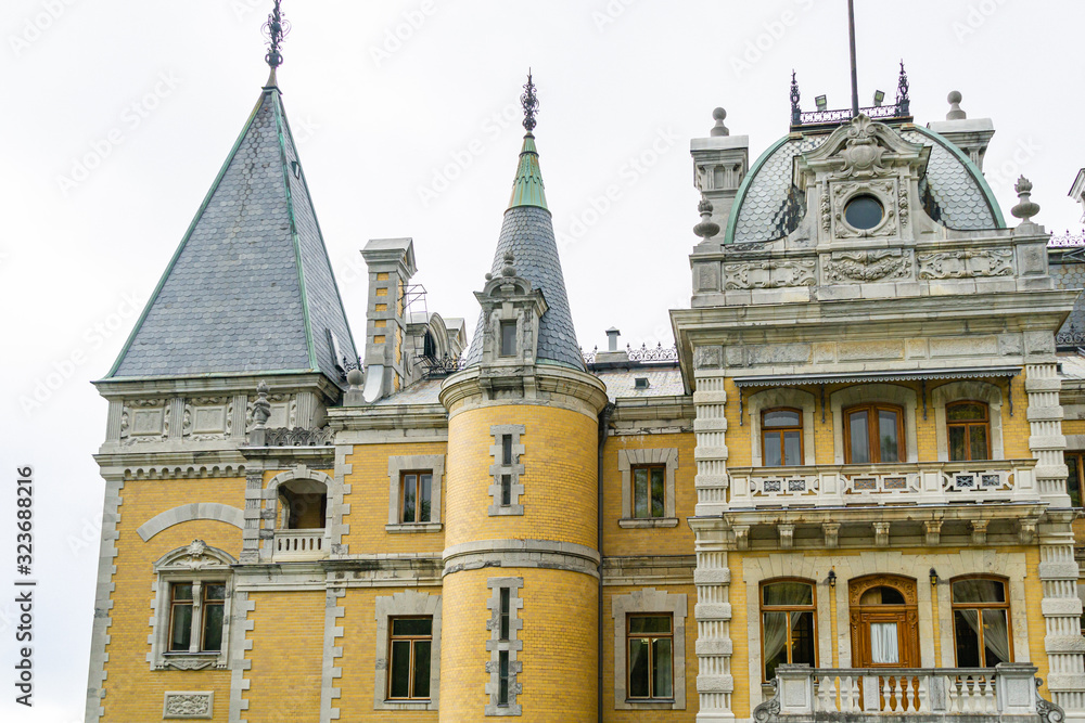 Obraz premium Massandra palace of Alexander III in Crimea. Elegant palace for Russian Emperor is architectural monument of the end XIX century in Upper Massandra. Yalta, Crimea, Russia - September 30, 2019