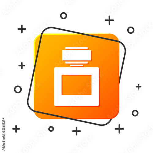 White Aftershave icon isolated on white background. Cologne spray icon. Male perfume bottle. Orange square button. Vector Illustration
