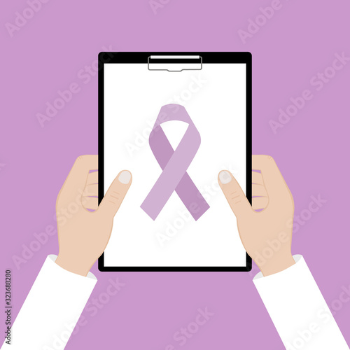 Holding a clipboard. Awareness purple ribbon. Realistic purple ribbon, epilepsy awareness symbol, isolated on violet background.