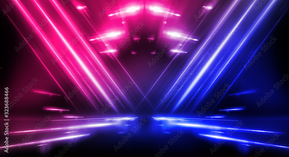 Fototapeta premium Background of empty stage show. Neon blue and purple light and laser show. Laser futuristic shapes on a dark background. Abstract dark background with neon glow