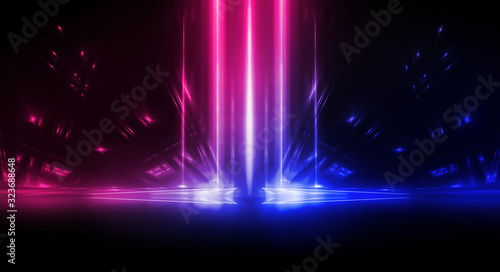 Background of empty stage show. Neon blue and purple light and laser show. Laser futuristic shapes on a dark background. Abstract dark background with neon glow