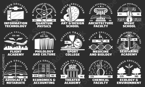 University, school, college and academy vector badges of education design. Books, music instruments, chemical microscope and lab glass, sport trophy, art items and nautical anchor, DNA and atom icons