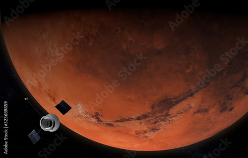 Red planet Mars - is a planet of the solar system. Interplanetary probe explores far planets. 3D-illustration.