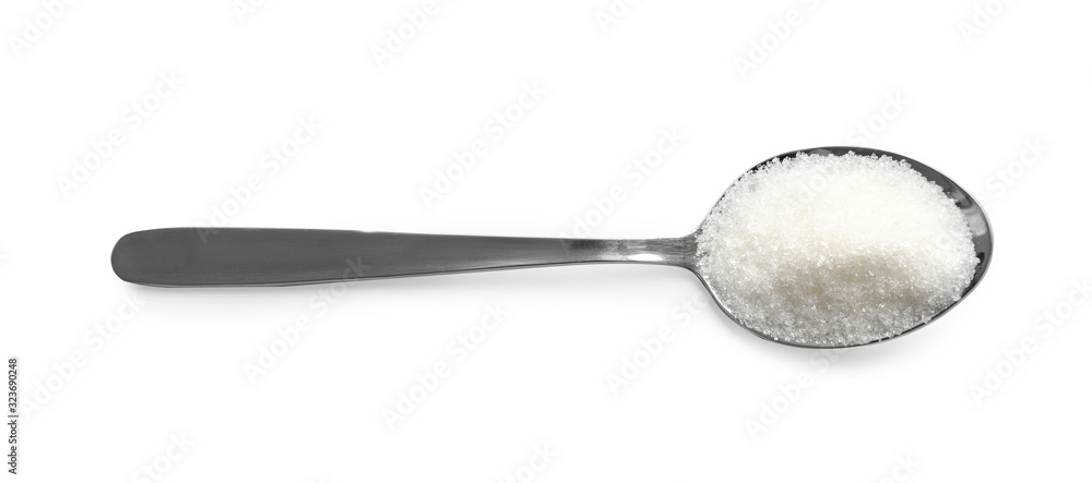 Granulated sugar in spoon isolated on white, top view Granulated sugar in spoon isolated on white, top view