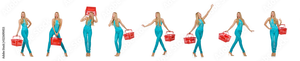Woman with shopping basket isolated on white Woman with shopping basket isolated on white