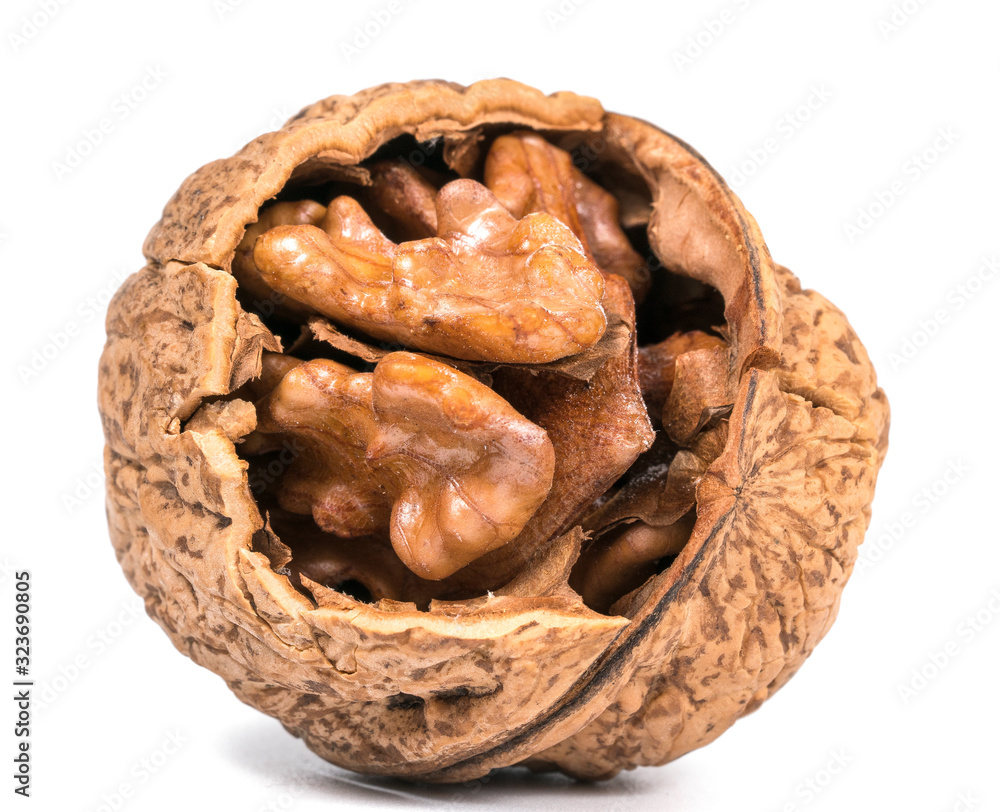 broken walnut on white background